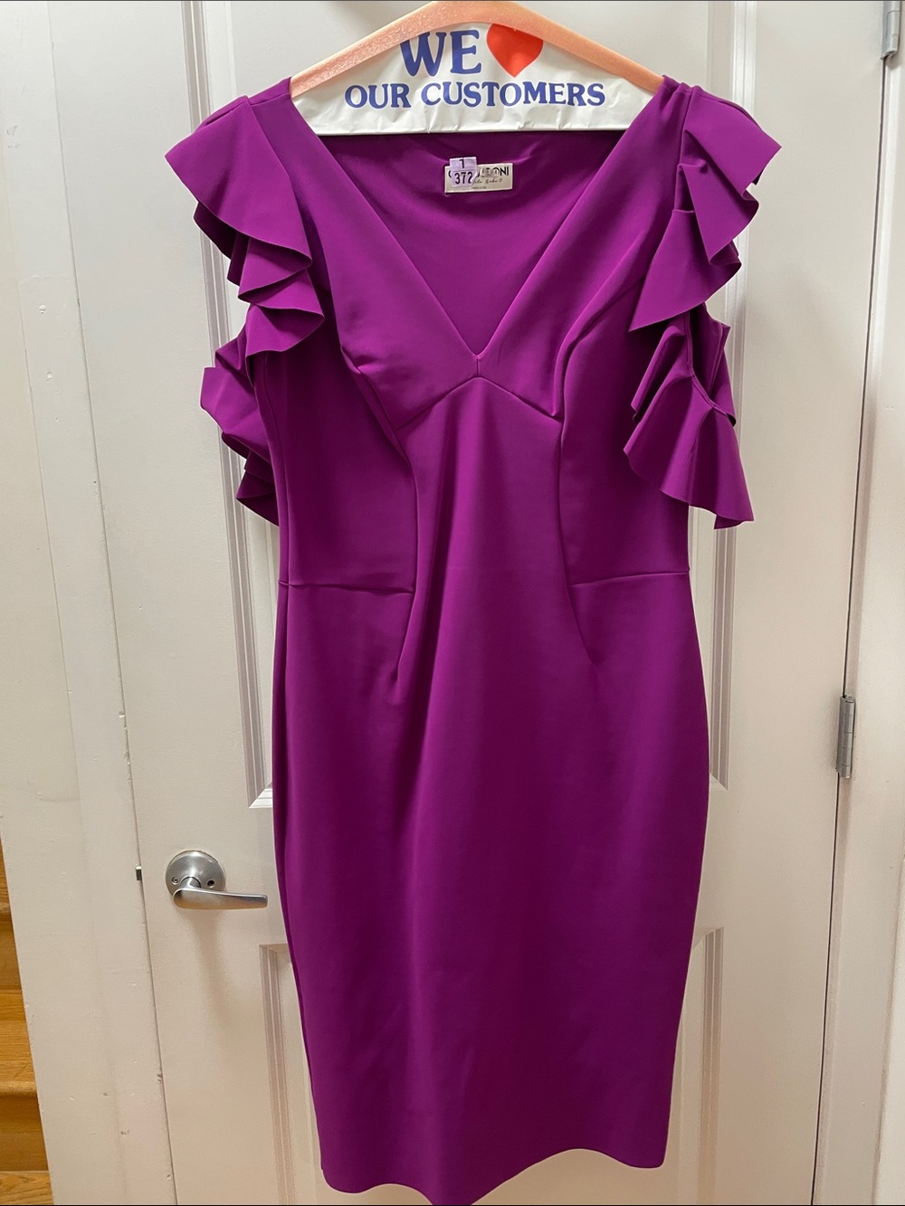 Chiara Boni Magenta Ruffled Sleeve V-Neck Midi Dress